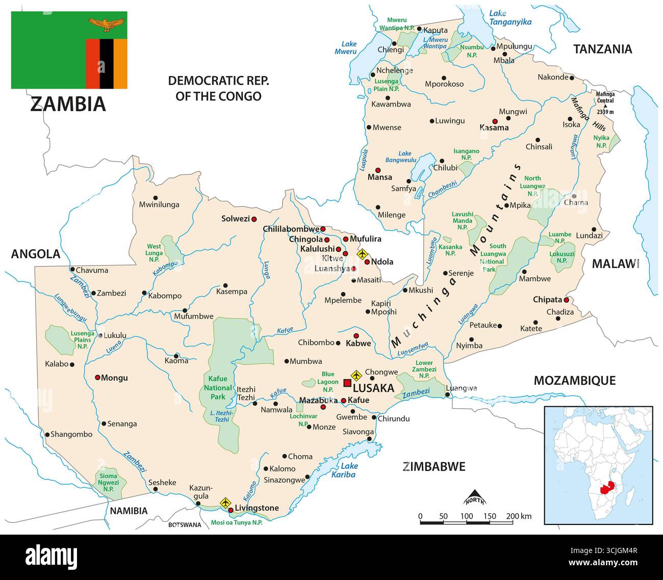 Carte de la République de Zambie Banque D'Images