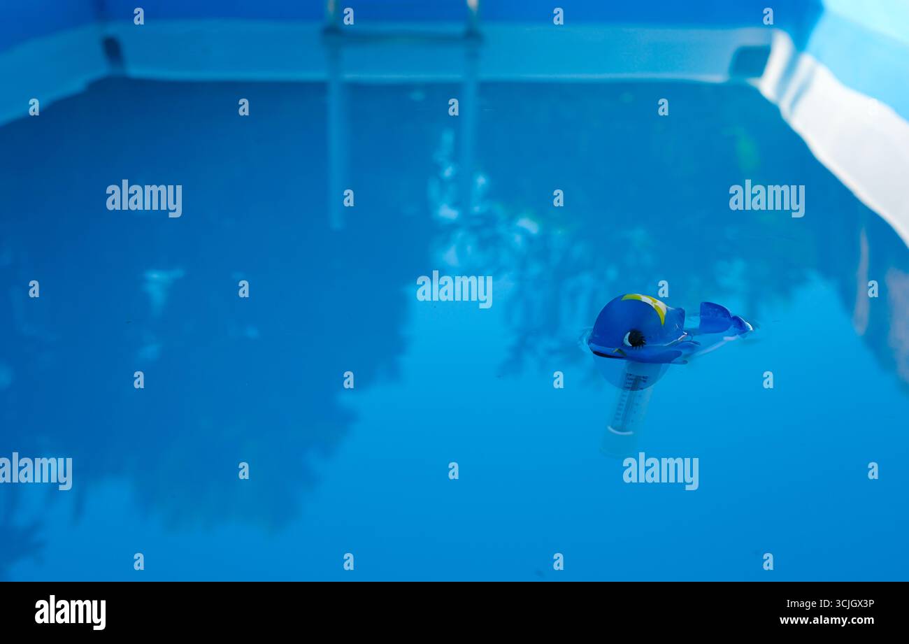 Thermomètre à poisson flottant mesurant la température de l'eau dans la piscine extérieure. Utile pour surveiller le chauffage de l'eau, la sécurité de la piscine et les loisirs de la cour arrière Banque D'Images