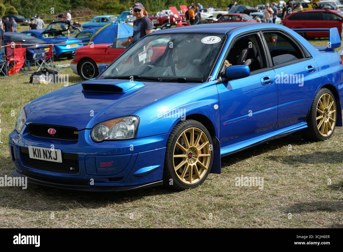 Voiture de performance bleue exposée lors d'un rassemblement d'enthousiastes automobiles en plein air. Shere Hill Climb, East Clandon, Guildford Banque D'Images