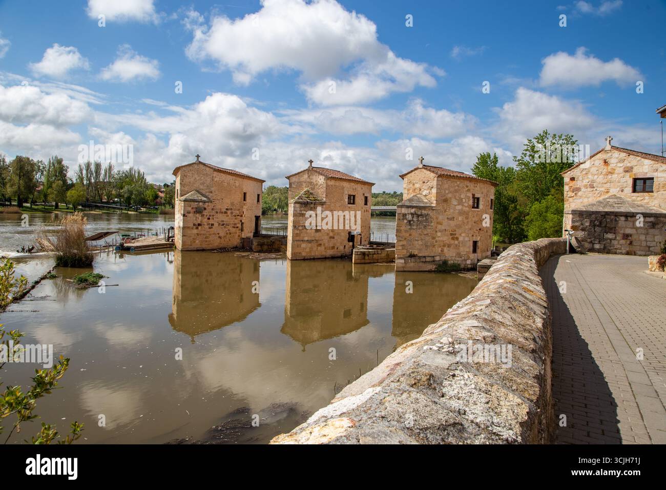 Les trois moulins à eau restaurés sur le fleuve Douro dans la ville espagnole de Zamora Espagne Banque D'Images