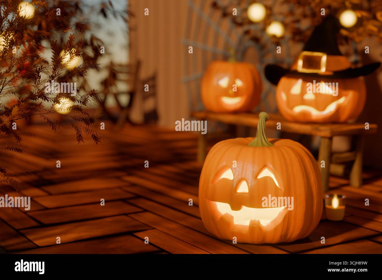 Jack-o-lanternes avec des bougies à l'intérieur créent une atmosphère chaleureuse d'Halloween à l'intérieur. rendu 3d. Banque D'Images