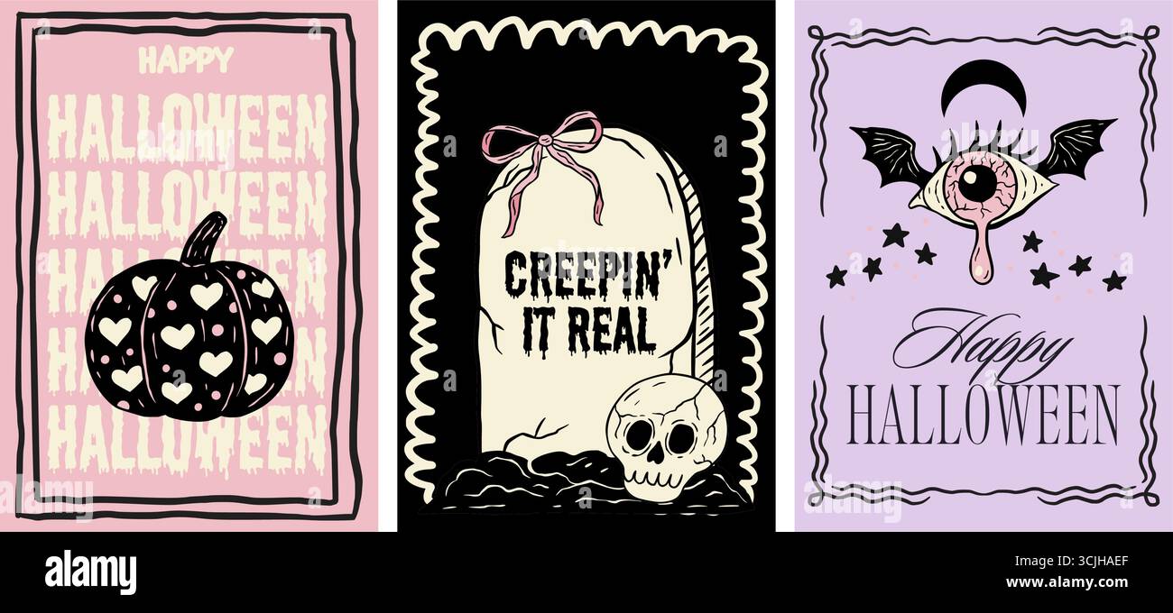 Rétro rose Halloween Poster Flyer Set Whimsical Doodle Coquette Cute Card Vector with Monster Eye Eyeball grave Pumpkin Skull Collection Illustration de Vecteur