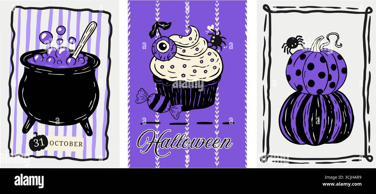Rétro rose Halloween Poster Flyer Set Whimsical Doodle Coquette Cute Card Vector avec Cupcake Cauldron Pumpkin Collection Illustration de Vecteur