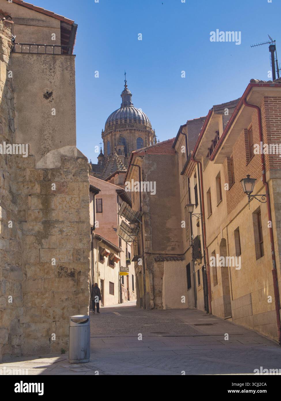 Rue Salamanque avec dôme de la cathédrale : une rue étroite et ensoleillée dans la vieille ville de Salamanque avec vue sur le dôme de la nouvelle cathédrale à la fin. Banque D'Images