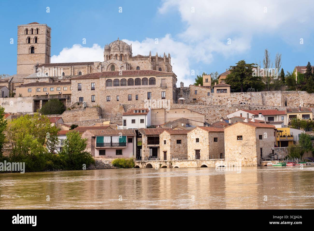 Moulins à eau sur le fleuve Douro dans la ville espagnole de Zamora Espagne avec la cathédrale haute sur les rives ci-dessus Banque D'Images