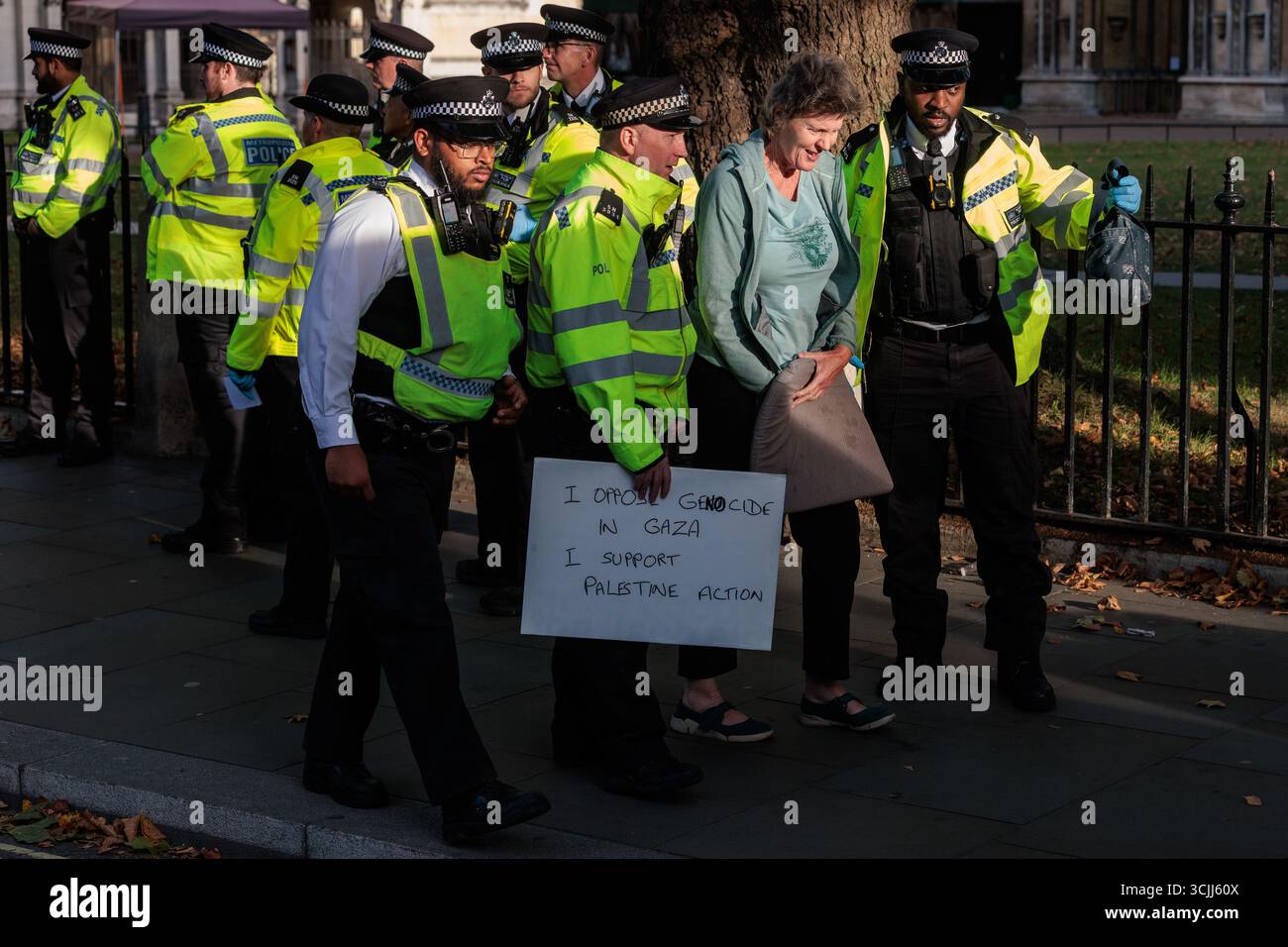 Londres, Royaume-Uni. 6 septembre 2025. Des policiers métropolitains arrêtent un manifestant lors d’un événement de désobéissance civile de masse sur la place du Parlement organisé par Defend Our Juries dans le cadre d’une campagne contre l’interdiction du groupe d’action directe Palestine action. Environ 1 500 personnes ont assisté à l'événement et la police métropolitaine, assistée de plusieurs autres forces de police, a procédé à 890 arrestations dont 857 pour avoir tenu des pancartes en faveur de Palestine action. Crédit : Mark Kerrison/Alamy Live News Banque D'Images