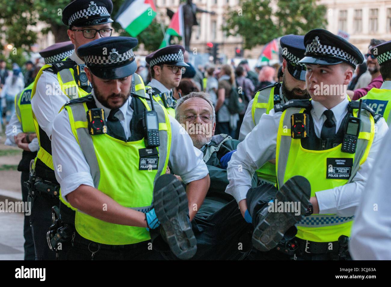 Londres, Royaume-Uni. 6 septembre 2025. Des policiers métropolitains arrêtent un manifestant lors d’un événement de désobéissance civile de masse sur la place du Parlement organisé par Defend Our Juries dans le cadre d’une campagne contre l’interdiction du groupe d’action directe Palestine action. Environ 1 500 personnes ont assisté à l'événement et la police métropolitaine, assistée de plusieurs autres forces de police, a procédé à 890 arrestations dont 857 pour avoir tenu des pancartes en faveur de Palestine action. Crédit : Mark Kerrison/Alamy Live News Banque D'Images
