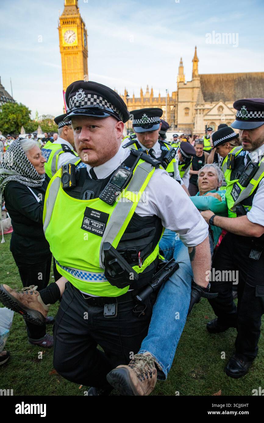 Londres, Royaume-Uni. 6 septembre 2025. Des policiers métropolitains arrêtent un manifestant lors d’un événement de désobéissance civile de masse sur la place du Parlement organisé par Defend Our Juries dans le cadre d’une campagne contre l’interdiction du groupe d’action directe Palestine action. Environ 1 500 personnes ont assisté à l'événement et la police métropolitaine, assistée de plusieurs autres forces de police, a procédé à 890 arrestations dont 857 pour avoir tenu des pancartes en faveur de Palestine action. Crédit : Mark Kerrison/Alamy Live News Banque D'Images