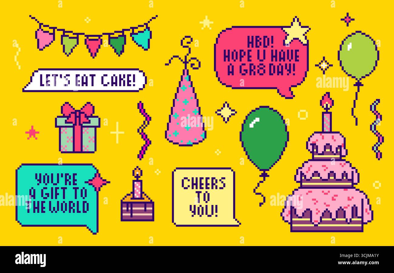 Icônes de jeu d'anniversaire de pixel définies isolées sur fond. Illustration vectorielle de boîte-cadeau de couleur vive, gâteau b-day avec bougie, ballon à air, bulles de parole avec texte, confettis, conception rétro de machine d'arcade Illustration de Vecteur