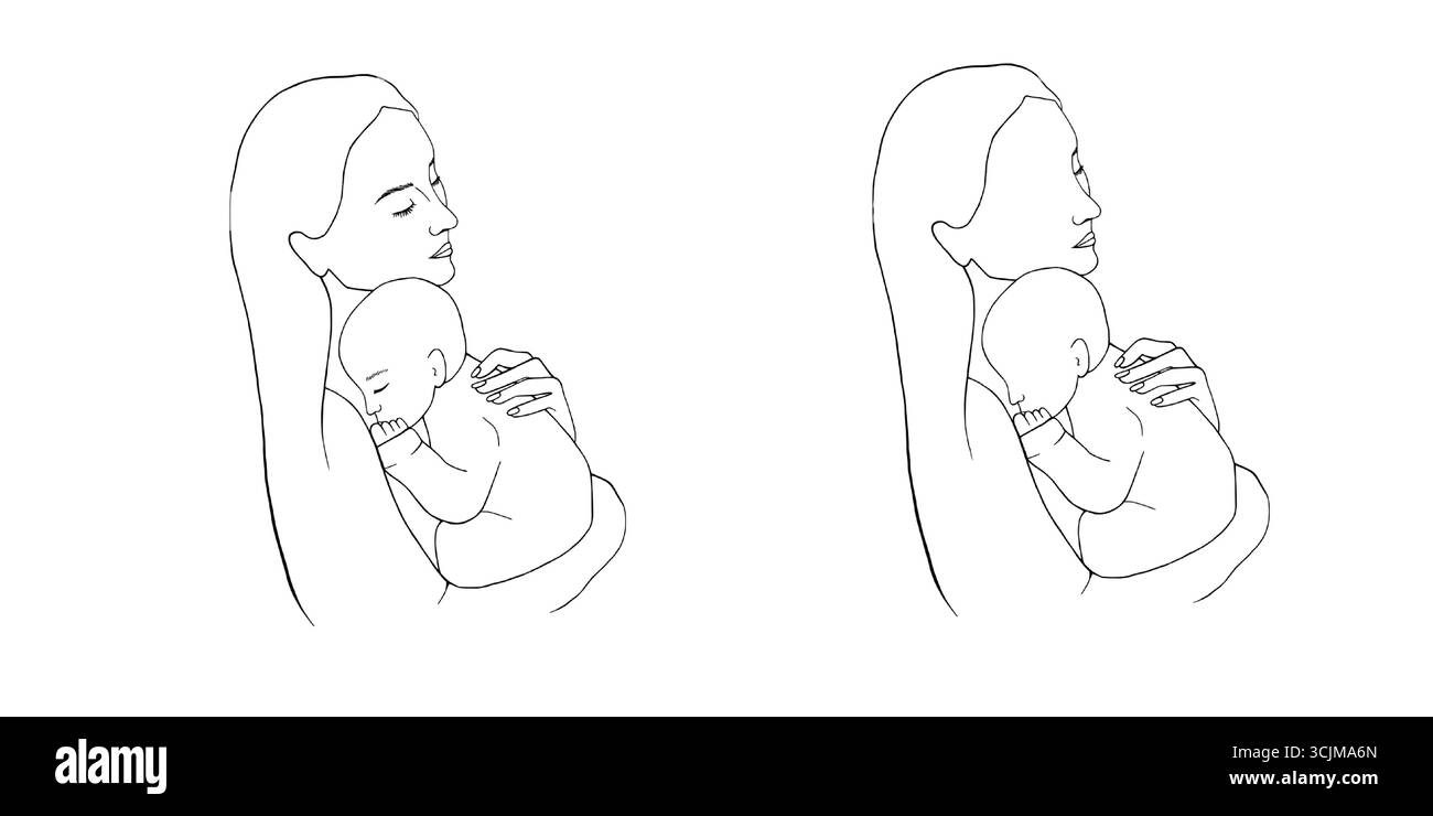 Mère embrasse bébé endormi. Maman tient un nouveau-né. Illustration vectorielle graphique, style d'illustration de ligne d'esquisse, pas de face. Maternité, fête des mères. Pour les cartes Illustration de Vecteur