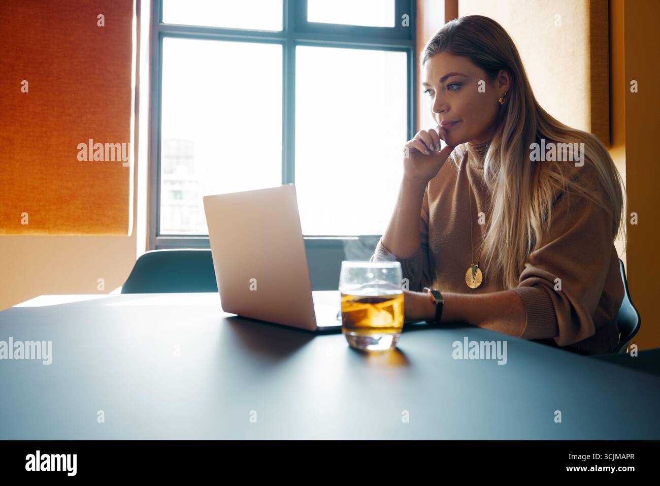 Une jeune femme adulte se concentre sur son ordinateur portable alors qu'elle est assise dans un espace de bureau bien éclairé. Banque D'Images