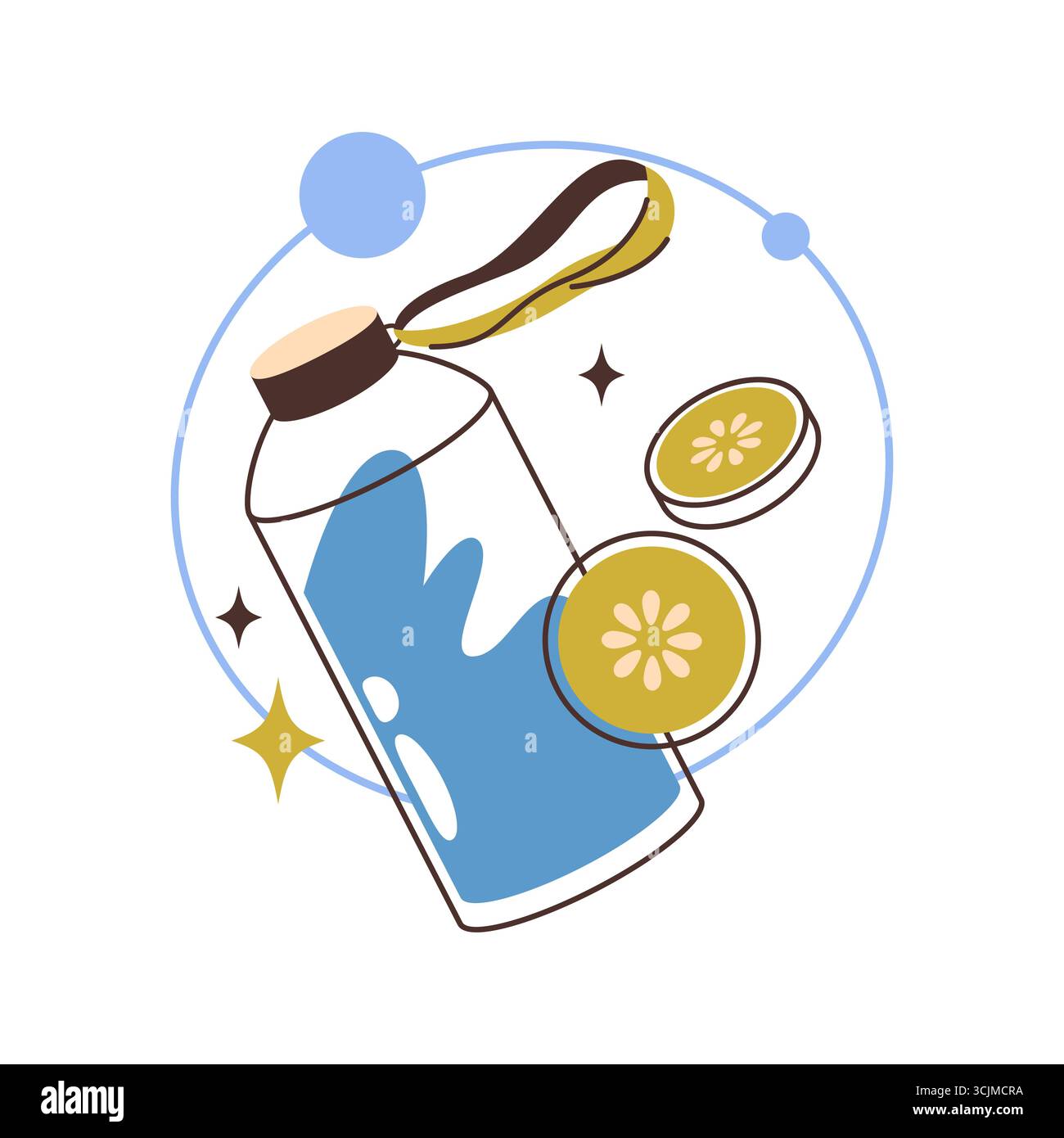 Bouteille de vecteur avec de l'eau ou de la limonade et tranche de citron. RECIPIENT pour boisson contenant un liquide aromatisé ou un fluide rafraîchissant. Boisson estivale ou symbole de boisson saine. Article de remise en forme à vaisselle. Récipient portatif. Illustration de Vecteur