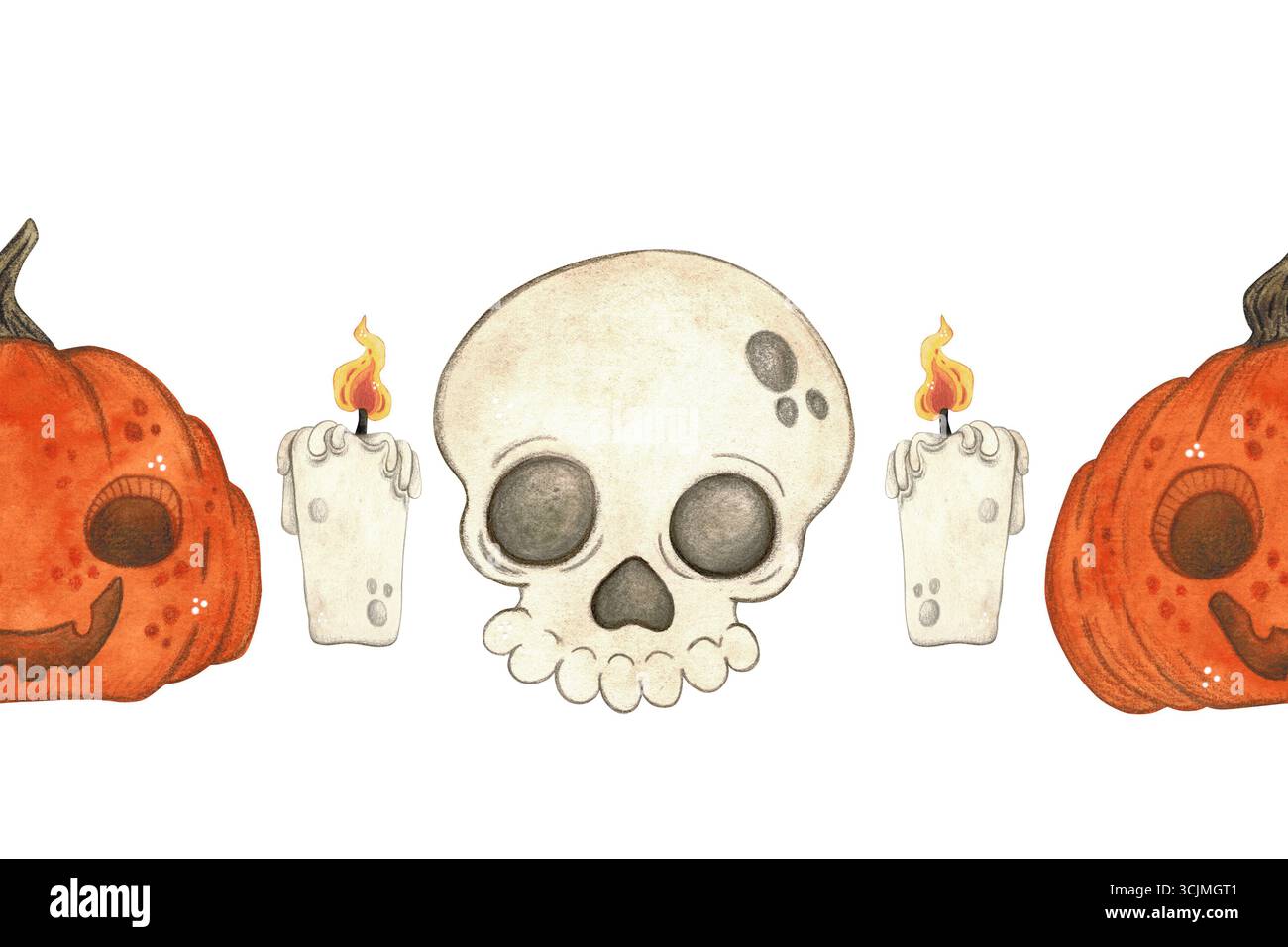 Bordure sans couture de crânes, citrouilles festives et bougies. Illustration aquarelle dessinée à la main, dessin animé. Dessin pour rubans, invitations, bannière Banque D'Images