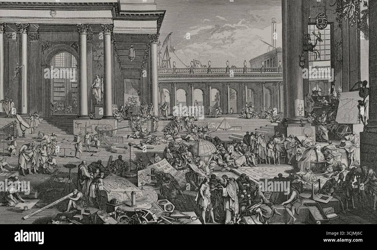 L'Académie des Sciences et des Beaux-Arts. Démonstrations des arts et des sciences dans une cour classique. L'Académie royale de peinture et de sculpture (fondée en 1648) et l'Académie des sciences (fondée en 1666), au Palais Royal de Paris, sous le règne de Louis XIV gravure d'après Sébastien Leclerc (1637-1714). XVIIe siècle : lettres, sciences et arts, France 1590-1700 (XVIIe siècle : lettres, sciences et arts), par Paul Lacroix. Publié à Paris par librairie de Fi Banque D'Images L'Académie des Sciences et des Beaux-Arts. Démonstrations des arts et des sciences dans une cour classique. L'Académie royale de peinture et de sculpture (fondée en 1648) et l'Académie des sciences (fondée en 1666), au Palais Royal de Paris, sous le règne de Louis XIV gravure d'après Sébastien Leclerc (1637-1714). XVIIe siècle : lettres, sciences et arts, France 1590-1700 (XVIIe siècle : lettres, sciences et arts), par Paul Lacroix. Publié à Paris par librairie de Fi Banque D'Images