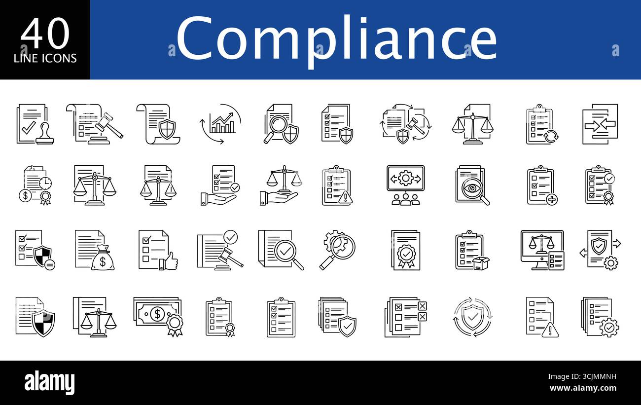 40 ensemble d'icônes de ligne de conformité – Pack vectoriel droit, réglementation, politique et gouvernance Illustration de Vecteur