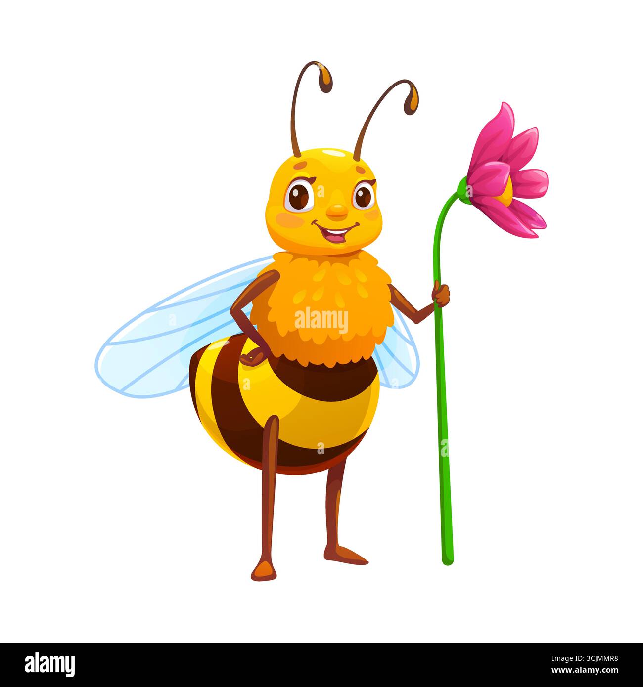 Personnage d'abeille de miel de dessin animé debout avec fleur rose à la main. Personnage joyeux d'insecte d'abeille jaune avec antennes et visage souriant. Mascotte de rucher vectoriel pour la pollinisation des fermes apicoles ou des jardins Illustration de Vecteur