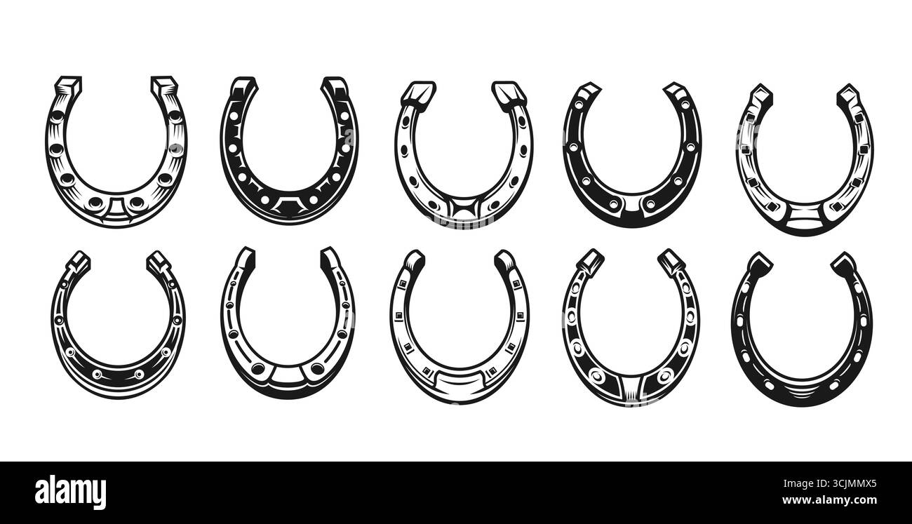 Fers à cheval en fer chanceux vintage, icônes de fer à cheval WESTERN. Ensemble vectoriel isolé de silhouettes de fer à cheval noir et blanc pour l'art du tatouage, symbole de chance St Patrick. Équipement de forgeron ou de cow-boy, porte-bonheur Illustration de Vecteur