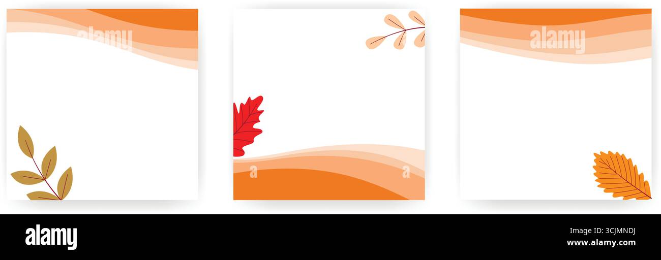 Ensemble de gabarits d'automne carrés. Arrière-plans avec des vagues orange, ambiance chaleureuse d'automne. Cadres vides avec décor d'automne minimaliste, graphiques vectoriels Illustration de Vecteur