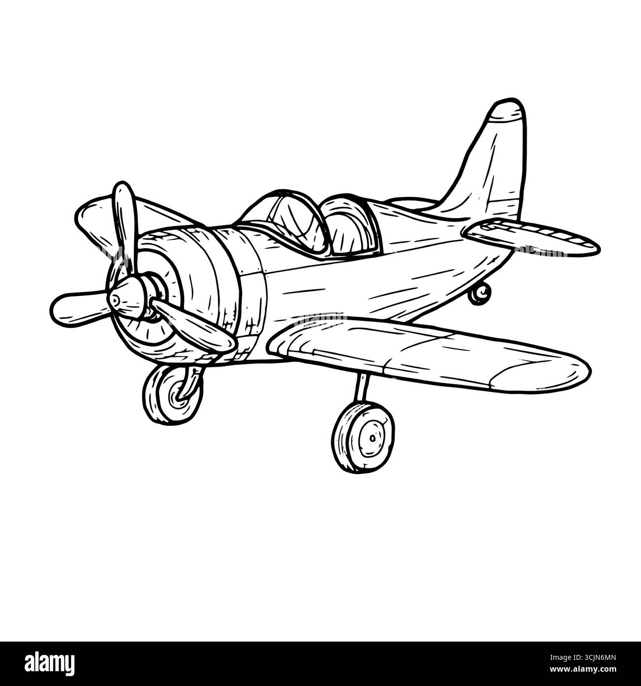 Avion drôle pour enfants avec hélice, croquis. Illustration vectorielle. Jouet pour enfants volant, isolé sur fond blanc. Thème de l'enfance, anniversaire, Illustration de Vecteur