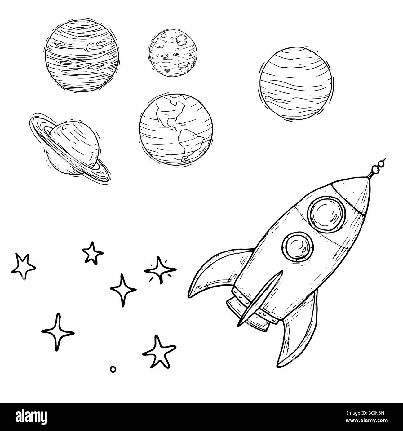 Vaisseau spatial jouet, planètes et étoiles croquis à l'encre noire et blanche. Illustration vectorielle. Jouet volant pour enfants, espace, isolé sur un fond blanc. Pour po Illustration de Vecteur