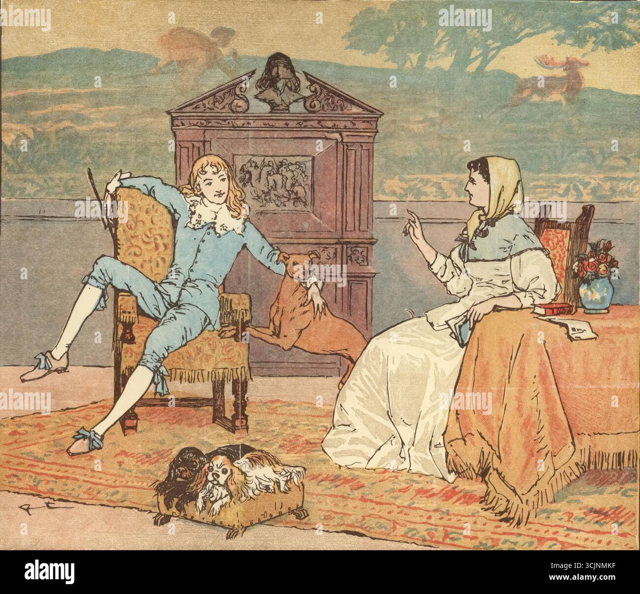 La chanson de milkmaid illustrée par Caldecott, Randolph 1846-1886 a publié 1895 'Where are You Going, My Pretty Maid ? « Je vais à la traite, Monsieur, dit-elle, « vais-je aller avec vous, ma jolie demoiselle ? » « Oh oui, s’il vous plaît, gentil Monsieur », dit-elle. 'Qu'est-ce que ton Père, ma jolie demoiselle ?' « Mon père est agriculteur, monsieur, dit-elle. « Dois-je t'épouser, ma jolie demoiselle ? » « Oh merci, gentiment, Monsieur, » dit-elle. — Mais quelle est ta fortune, ma jolie demoiselle ? « Mon visage est ma fortune, monsieur », a-t-elle dit. « Alors je ne peux pas t'épouser, ma jolie demoiselle ! » « Personne ne vous a demandé, Monsieur ! » elle a dit. « Personne ne vous a demandé, Monsieur ! » elle a dit. Banque D'Images