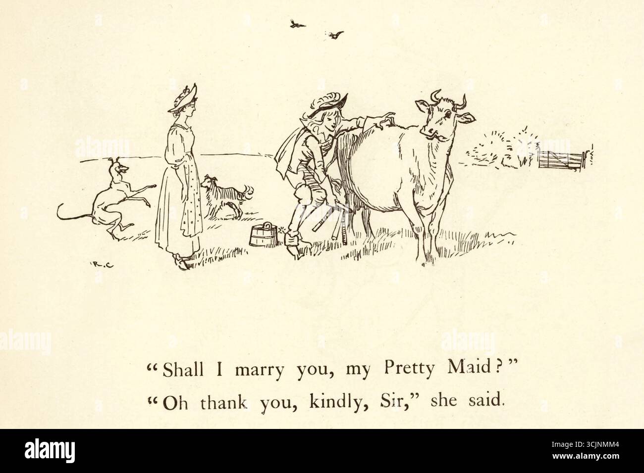 La chanson de milkmaid illustrée par Caldecott, Randolph 1846-1886 a publié 1895 'Where are You Going, My Pretty Maid ? « Je vais à la traite, Monsieur, dit-elle, « vais-je aller avec vous, ma jolie demoiselle ? » « Oh oui, s’il vous plaît, gentil Monsieur », dit-elle. 'Qu'est-ce que ton Père, ma jolie demoiselle ?' « Mon père est agriculteur, monsieur, dit-elle. « Dois-je t'épouser, ma jolie demoiselle ? » « Oh merci, gentiment, Monsieur, » dit-elle. — Mais quelle est ta fortune, ma jolie demoiselle ? « Mon visage est ma fortune, monsieur », a-t-elle dit. « Alors je ne peux pas t'épouser, ma jolie demoiselle ! » « Personne ne vous a demandé, Monsieur ! » elle a dit. « Personne ne vous a demandé, Monsieur ! » elle a dit. Banque D'Images