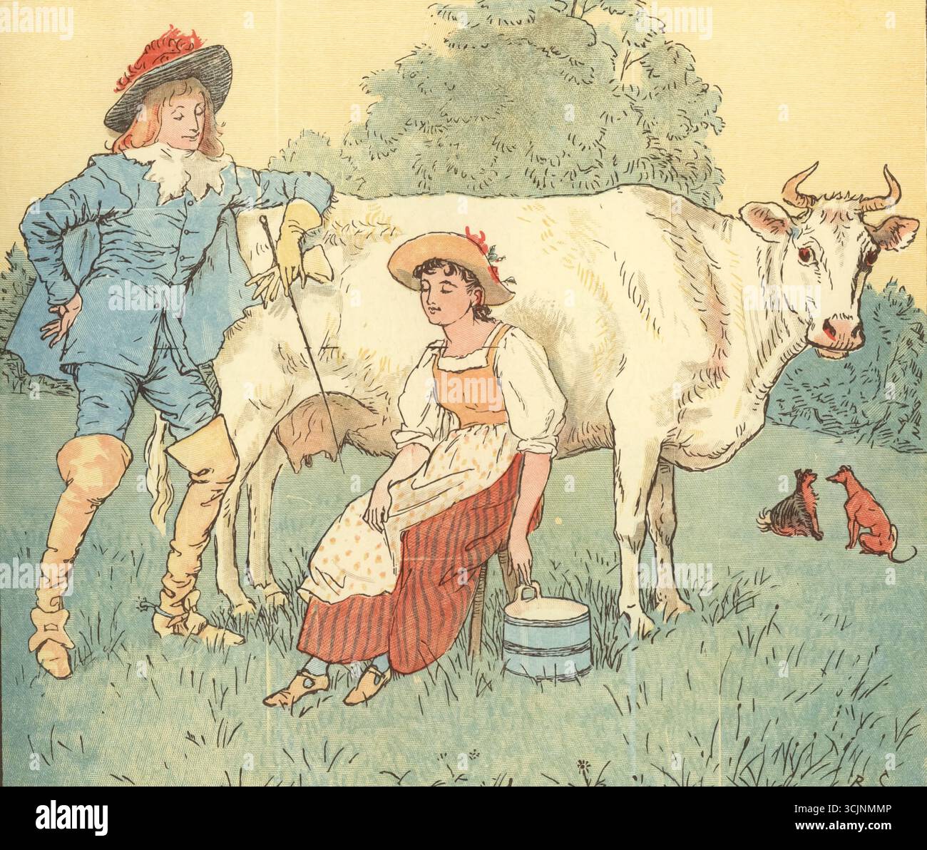 La chanson de milkmaid illustrée par Caldecott, Randolph 1846-1886 a publié 1895 'Where are You Going, My Pretty Maid ? « Je vais à la traite, Monsieur, dit-elle, « vais-je aller avec vous, ma jolie demoiselle ? » « Oh oui, s’il vous plaît, gentil Monsieur », dit-elle. 'Qu'est-ce que ton Père, ma jolie demoiselle ?' « Mon père est agriculteur, monsieur, dit-elle. « Dois-je t'épouser, ma jolie demoiselle ? » « Oh merci, gentiment, Monsieur, » dit-elle. — Mais quelle est ta fortune, ma jolie demoiselle ? « Mon visage est ma fortune, monsieur », a-t-elle dit. « Alors je ne peux pas t'épouser, ma jolie demoiselle ! » « Personne ne vous a demandé, Monsieur ! » elle a dit. « Personne ne vous a demandé, Monsieur ! » elle a dit. Banque D'Images
