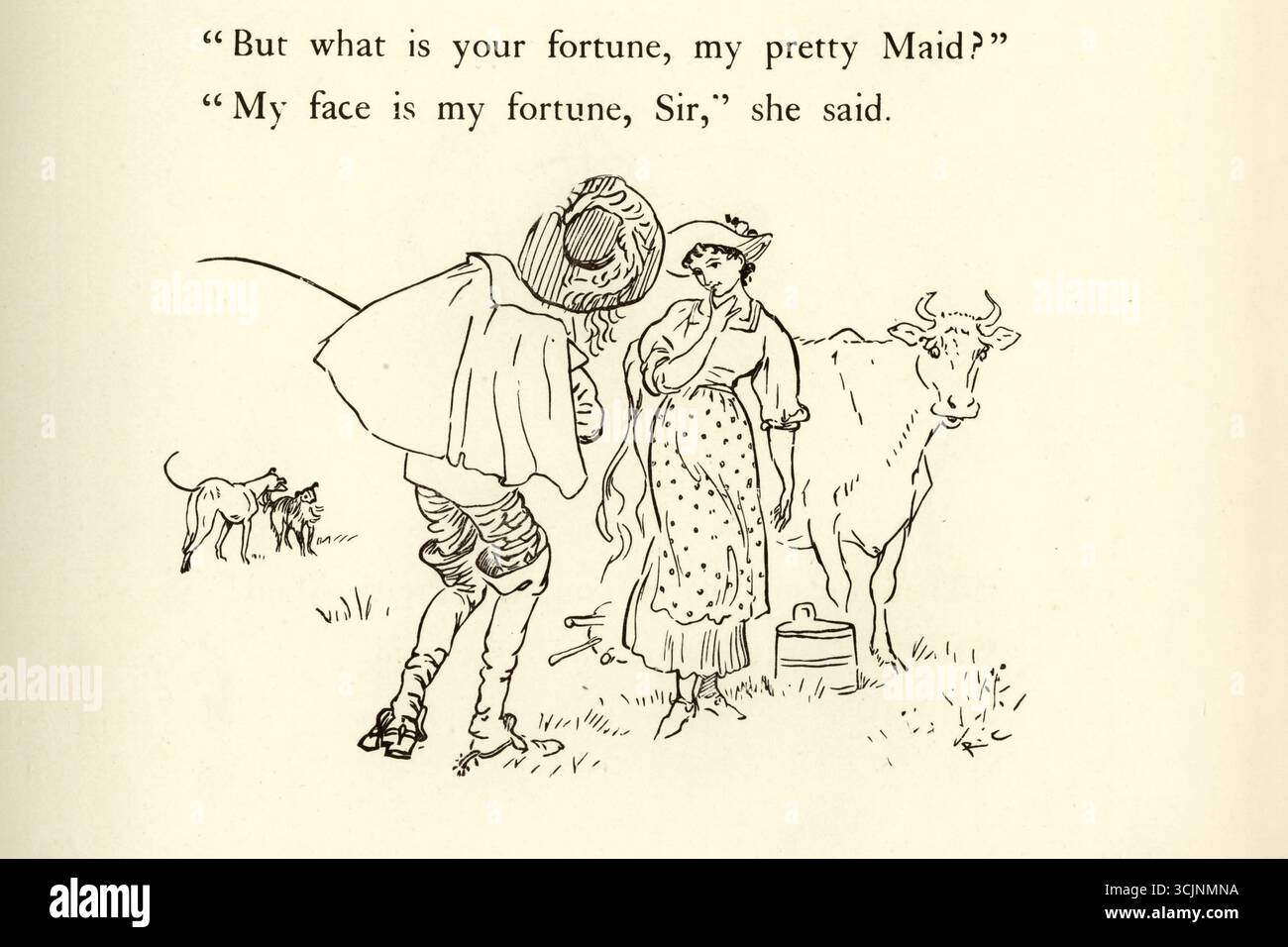 La chanson de milkmaid illustrée par Caldecott, Randolph 1846-1886 a publié 1895 'Where are You Going, My Pretty Maid ? « Je vais à la traite, Monsieur, dit-elle, « vais-je aller avec vous, ma jolie demoiselle ? » « Oh oui, s’il vous plaît, gentil Monsieur », dit-elle. 'Qu'est-ce que ton Père, ma jolie demoiselle ?' « Mon père est agriculteur, monsieur, dit-elle. « Dois-je t'épouser, ma jolie demoiselle ? » « Oh merci, gentiment, Monsieur, » dit-elle. — Mais quelle est ta fortune, ma jolie demoiselle ? « Mon visage est ma fortune, monsieur », a-t-elle dit. « Alors je ne peux pas t'épouser, ma jolie demoiselle ! » « Personne ne vous a demandé, Monsieur ! » elle a dit. « Personne ne vous a demandé, Monsieur ! » elle a dit. Banque D'Images