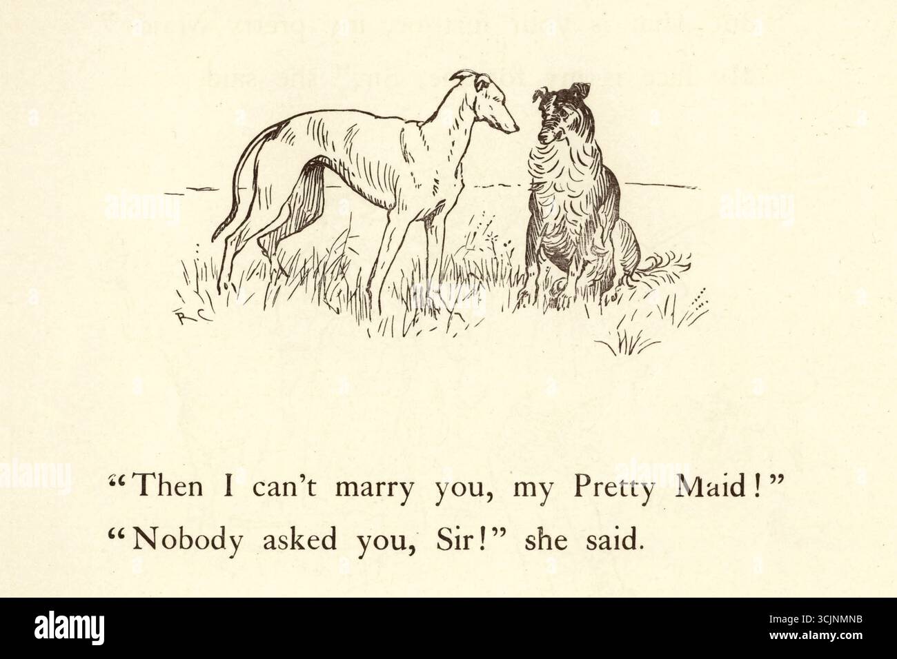 La chanson de milkmaid illustrée par Caldecott, Randolph 1846-1886 a publié 1895 'Where are You Going, My Pretty Maid ? « Je vais à la traite, Monsieur, dit-elle, « vais-je aller avec vous, ma jolie demoiselle ? » « Oh oui, s’il vous plaît, gentil Monsieur », dit-elle. 'Qu'est-ce que ton Père, ma jolie demoiselle ?' « Mon père est agriculteur, monsieur, dit-elle. « Dois-je t'épouser, ma jolie demoiselle ? » « Oh merci, gentiment, Monsieur, » dit-elle. — Mais quelle est ta fortune, ma jolie demoiselle ? « Mon visage est ma fortune, monsieur », a-t-elle dit. « Alors je ne peux pas t'épouser, ma jolie demoiselle ! » « Personne ne vous a demandé, Monsieur ! » elle a dit. « Personne ne vous a demandé, Monsieur ! » elle a dit. Banque D'Images