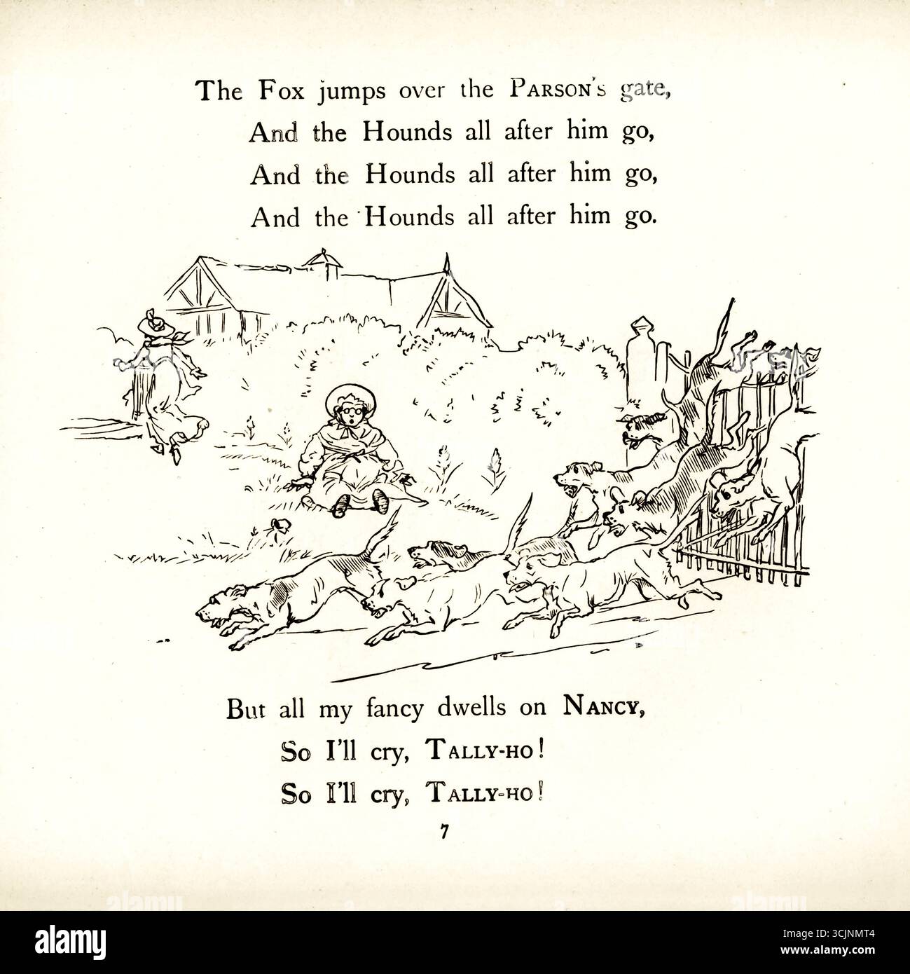 Le renard saute par-dessus la porte du Parson illustrée par Randolph Caldecott, le chasseur souffle sa corne dans le matin, quand les gens vont chasser, oh ! / Quand les gens vont chasser, oh ! Quand les gens vont chasser, oh ! / Le chasseur souffle sa corne dans le matin, quand les gens vont chasser, oh ! Banque D'Images