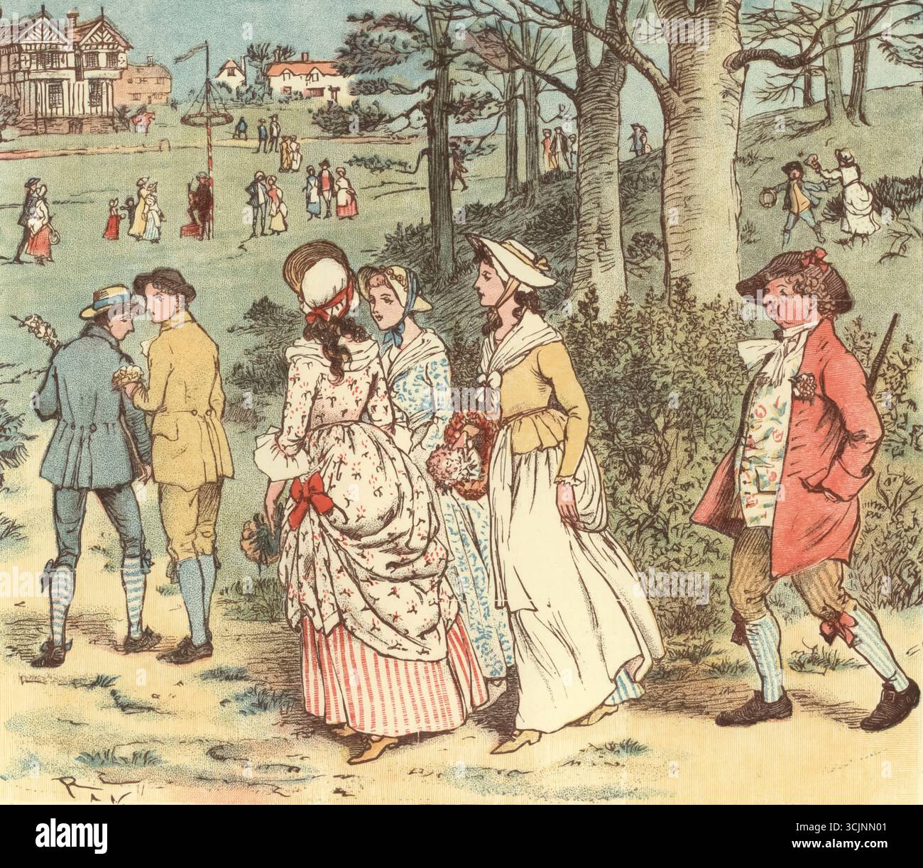 Venez les hommes et les femmes, prenez congé de vos papas, et partez au pôle mai, hé, car chacun d`entre eux a une elle, avec un menstruel debout. Car Willy a eu son Jill, et Johnny a eu son Jone, pour le secouer, le secouer, le secouer, le secouer, Jigg de haut en bas. Viens, lassins et mecs, prends congé de tes papas, et éloigne-toi de la Maypole Hie ; car ev'ry Fair y a une amie, et le violoniste est là. Alors Willie dansera avec Jane, et Johnny aura sa Jeanne, et chaque femme de chambre la fera trébucher, la fera trébucher de haut en bas. Banque D'Images