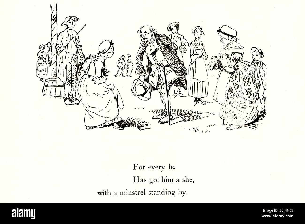 Venez les hommes et les femmes, prenez congé de vos papas, et partez au pôle mai, hé, car chacun d`entre eux a une elle, avec un menstruel debout. Car Willy a eu son Jill, et Johnny a eu son Jone, pour le secouer, le secouer, le secouer, le secouer, Jigg de haut en bas. Viens, lassins et mecs, prends congé de tes papas, et éloigne-toi de la Maypole Hie ; car ev'ry Fair y a une amie, et le violoniste est là. Alors Willie dansera avec Jane, et Johnny aura sa Jeanne, et chaque femme de chambre la fera trébucher, la fera trébucher de haut en bas. Banque D'Images