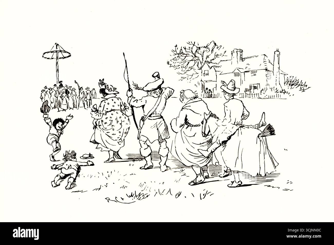 Venez les hommes et les femmes, prenez congé de vos papas, et partez au pôle mai, hé, car chacun d`entre eux a une elle, avec un menstruel debout. Car Willy a eu son Jill, et Johnny a eu son Jone, pour le secouer, le secouer, le secouer, le secouer, Jigg de haut en bas. Viens, lassins et mecs, prends congé de tes papas, et éloigne-toi de la Maypole Hie ; car ev'ry Fair y a une amie, et le violoniste est là. Alors Willie dansera avec Jane, et Johnny aura sa Jeanne, et chaque femme de chambre la fera trébucher, la fera trébucher de haut en bas. Banque D'Images