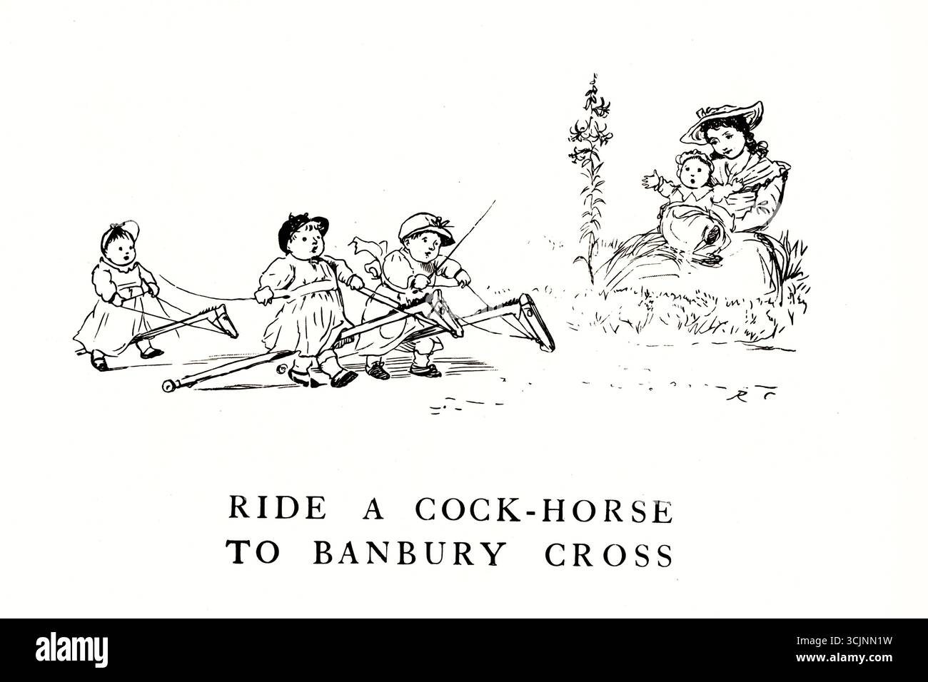 Monter un coq-cheval à Banbury Cross, illustré par Randolph Caldecott, 1846-1886 une comptine de langue anglaise liée à la ville anglaise de Banbury dans l'Oxfordshire monter un coq-cheval à Banbury Cross, pour voir une belle dame sur un cheval blanc ; des anneaux sur ses doigts et des cloches sur ses orteils, et elle aura de la musique partout où elle ira. Banque D'Images