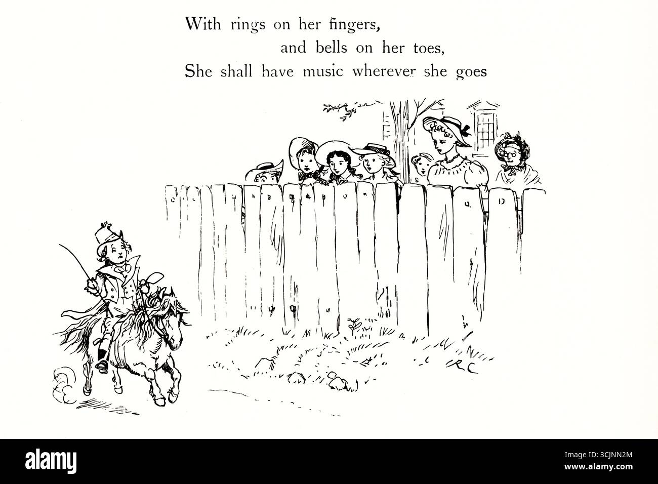 Monter un coq-cheval à Banbury Cross, illustré par Randolph Caldecott, 1846-1886 une comptine de langue anglaise liée à la ville anglaise de Banbury dans l'Oxfordshire monter un coq-cheval à Banbury Cross, pour voir une belle dame sur un cheval blanc ; des anneaux sur ses doigts et des cloches sur ses orteils, et elle aura de la musique partout où elle ira. Banque D'Images