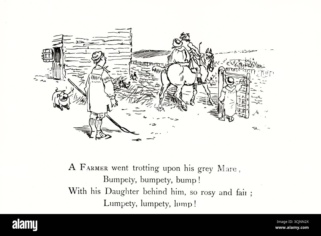 Illustré par Randolph Caldecott, 1846-1886 Un fermier est allé trotter sur sa jument grise, Bumpety, bumpety, bosse, avec sa fille derrière lui, si rose et juste, Lumpety, bosse, bosse. Un corbeau cria "croak", et ils tomba tous, Bumpety, bosmpety, bosse ; la jument cassa ses genoux et le fermier sa couronne, bosselée, bosselée, bosselée. Le corbeau espiègle s'envola en riant, Bumpety, Bumpety, Bumpety, Bump, et jura qu'il les servirait le même jour, Lumpety, Lumpety, Bump. Banque D'Images
