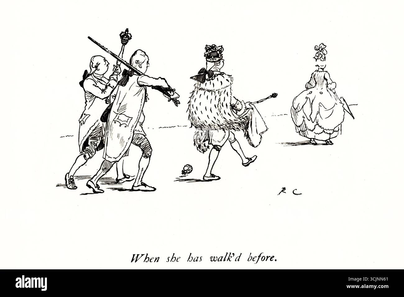 Une élégie sur la gloire de son sexe, MRS Mary Blaize d'Oliver Goldsmith, illustrée par Randolph Caldecott, 'une élégie sur la gloire de son sexe, MRS Mary Blaize' d'Oliver Goldsmith est un poème qui s'inscrit dans le genre des vers humoristiques, probablement écrit au XVIIIe siècle. Le travail réfléchit sur la vie et le caractère de la fiction MRS Mary Blaize, explorant les thèmes de la vanité, des normes sociétales et de la condition humaine. Le poème emploie un ton léger pour transmettre un commentaire social plus profond, caractéristique du style littéraire de Goldsmith Banque D'Images