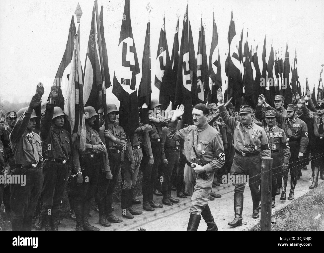 Adolf Hitler et Ernst Röhm marchant à travers une formation de drapeaux à Braunschweig, 18 octobre 1931 Banque D'Images