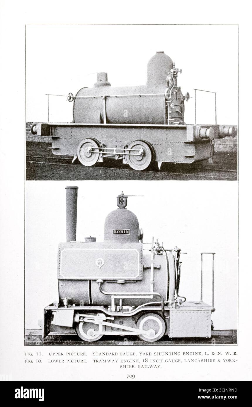 IMAGE DU HAUT. VOIE STANDARD, MOTEUR DE DÉRIVATION DE COUR, L. ET N. W. R. IMAGE INFÉRIEURE. MOTEUR DE TRAMWAY. VOIE 18 POUCES, CHEMIN DE FER DU LANCASHIRE & YORKSHIRE. De l'article LOCOMOTIVES POUR SERVICE SPÉCIAL SUR LES CHEMINS DE FER BRITANNIQUES. Par J. F. Gairns. Tiré de l'Engineering Magazine consacré au progrès industriel volume XXVI octobre 1903 - mars 1904 The Engineering Magazine Co Banque D'Images