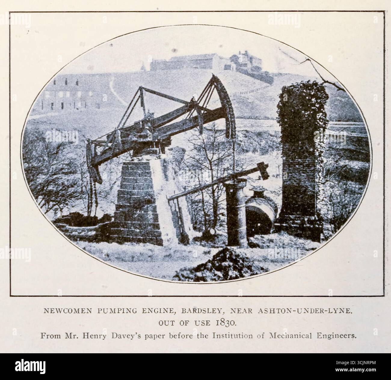 MOTEUR DE POMPAGE NEWCOMEN, BARDSLEY, PRÈS D'ASHTON-UNDER-LYNE. HORS D'USAGE 1830. D'après le document de M.R. Henry Davey devant l'institution of Mechanical Engineers. TIRÉ DE L'ARTICLE LE PREMIER MOTEUR ET SON INFLUENCE SUR LE PROGRÈS DES MONDES. Par John E. Sweet. Tiré de l'Engineering Magazine consacré au progrès industriel volume XXVI octobre 1903 - mars 1904 The Engineering Magazine Co Banque D'Images