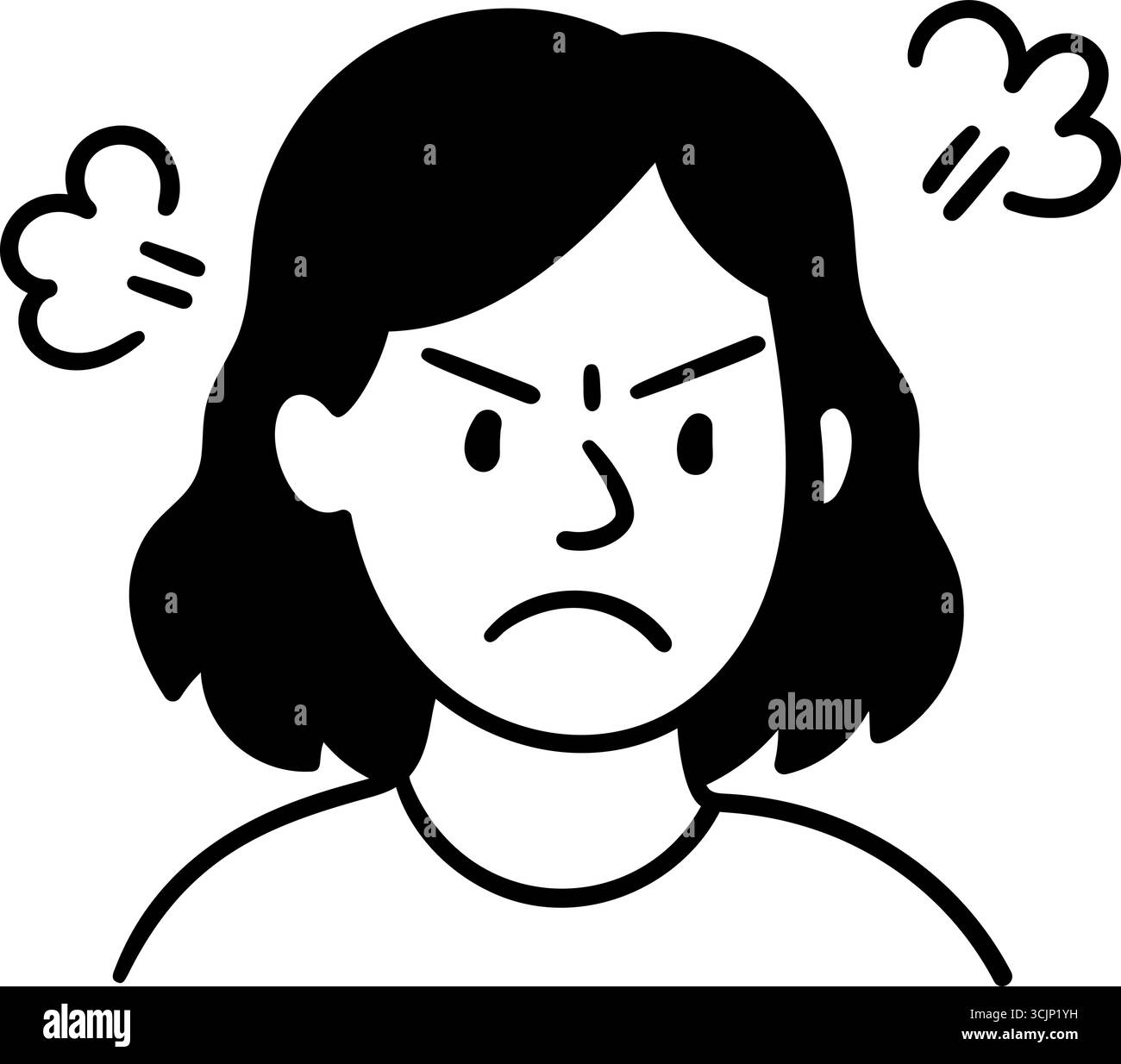 Femme furieuse avec mâchoire serrée et vapeur autour de la tête symbolisant la colère. Portrait isolé noir et blanc. Illustration de Vecteur