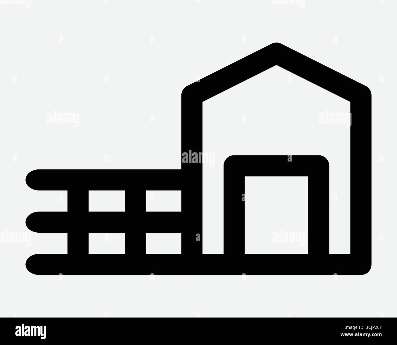 Icône de ligne de ferme avec bâtiment et clôture. Image graphique de contour d'une ferme de structure de grange pour l'agriculture à la campagne rurale ou village de campagne Illustration de Vecteur Icône de ligne de ferme avec bâtiment et clôture. Image graphique de contour d'une ferme de structure de grange pour l'agriculture à la campagne rurale ou village de campagne Illustration de Vecteur