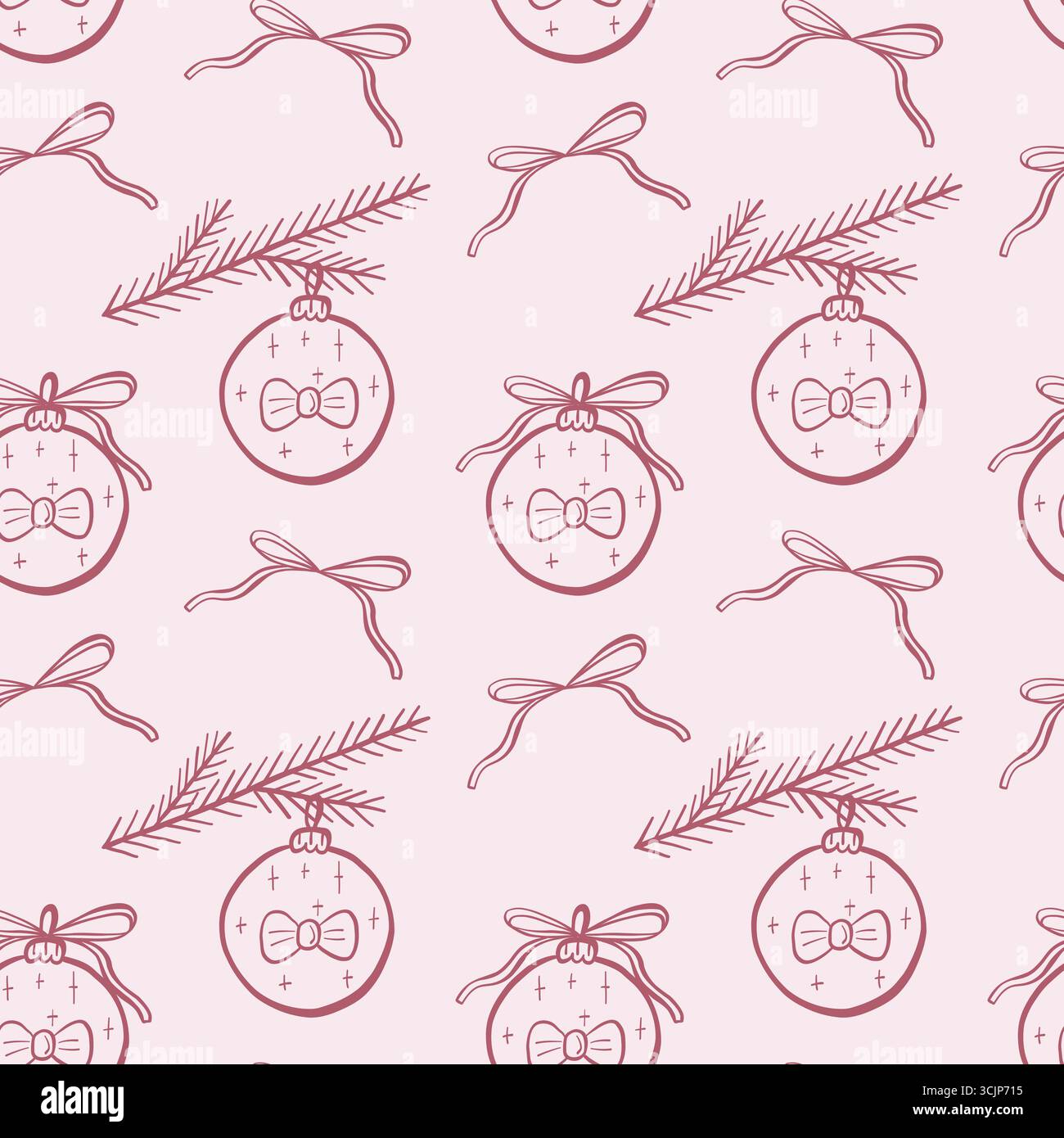 Motif sans couture de Noël de noyau de coquette. Ligne dessinée à la main rose arc isolé avec ruban et boule. Imprimé fantaisiste. Illustration de Vecteur
