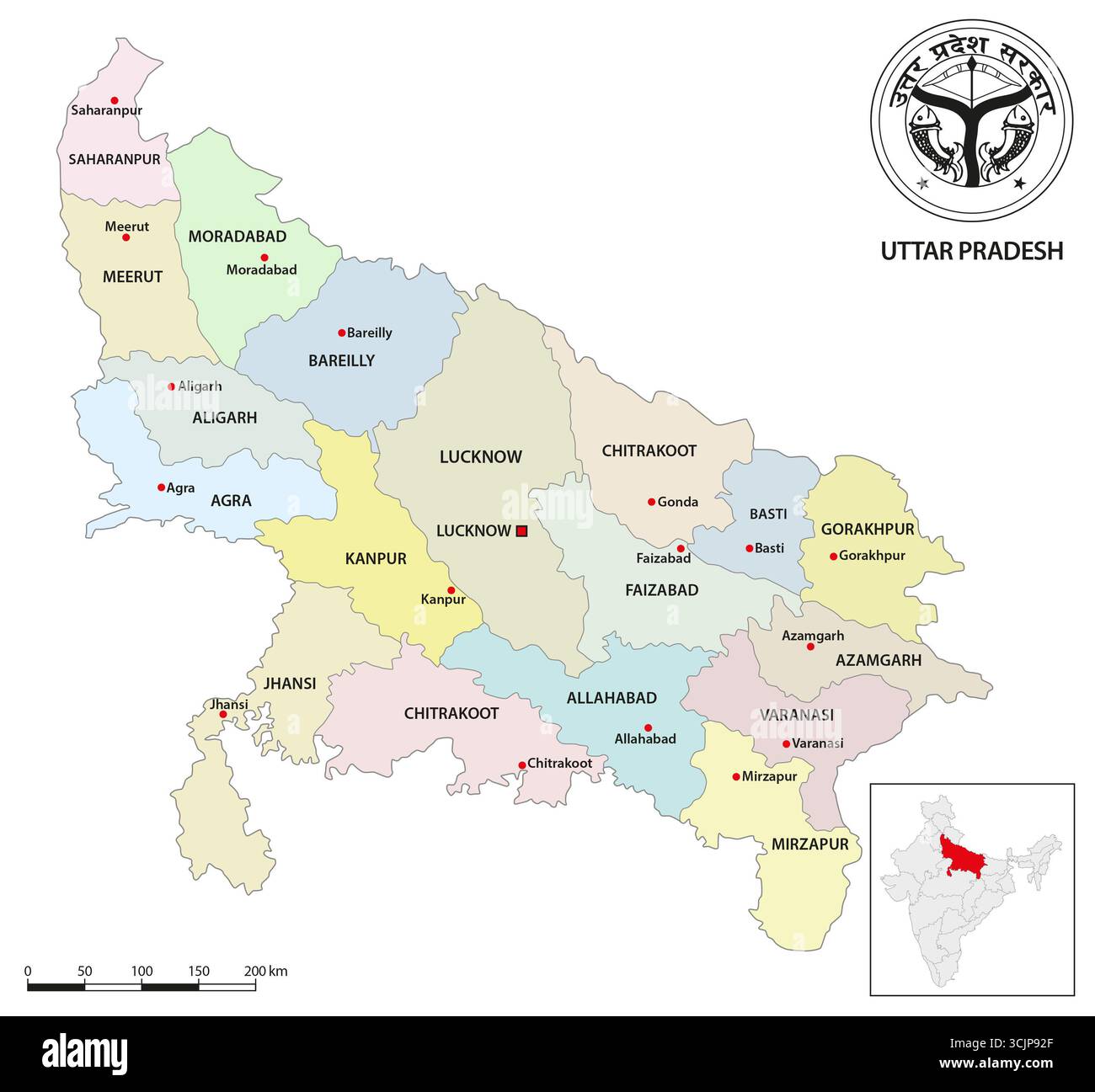 Carte administrative de l'État indien de l'Uttar Pradesh Banque D'Images Carte administrative de l'État indien de l'Uttar Pradesh Banque D'Images