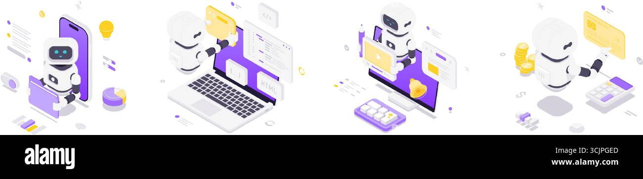 Illustration vectorielle isométrique mettant en vedette des robots interagissant avec des appareils, l'intelligence artificielle, l'automatisation des affaires, l'innovation numérique, la programmation Illustration de Vecteur