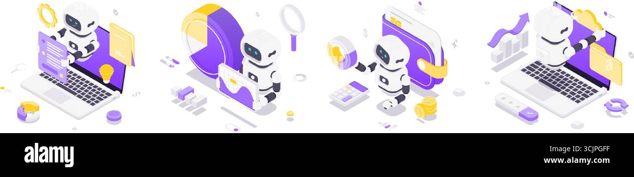 Illustration vectorielle isométrique mettant en scène des robots interagissant avec des données, des analyses, de l'intelligence artificielle, de l'automatisation des affaires, de la finance, stratégie, et Illustration de Vecteur