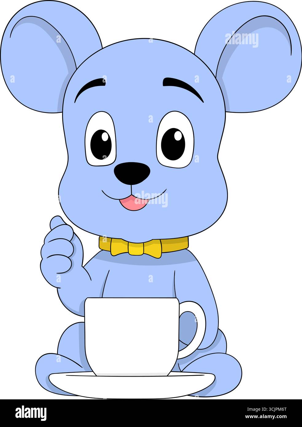 Illustration vectorielle d'un personnage animal de bande dessinée bleu portant un noeud papillon et assis avec une tasse de café chaud Illustration de Vecteur