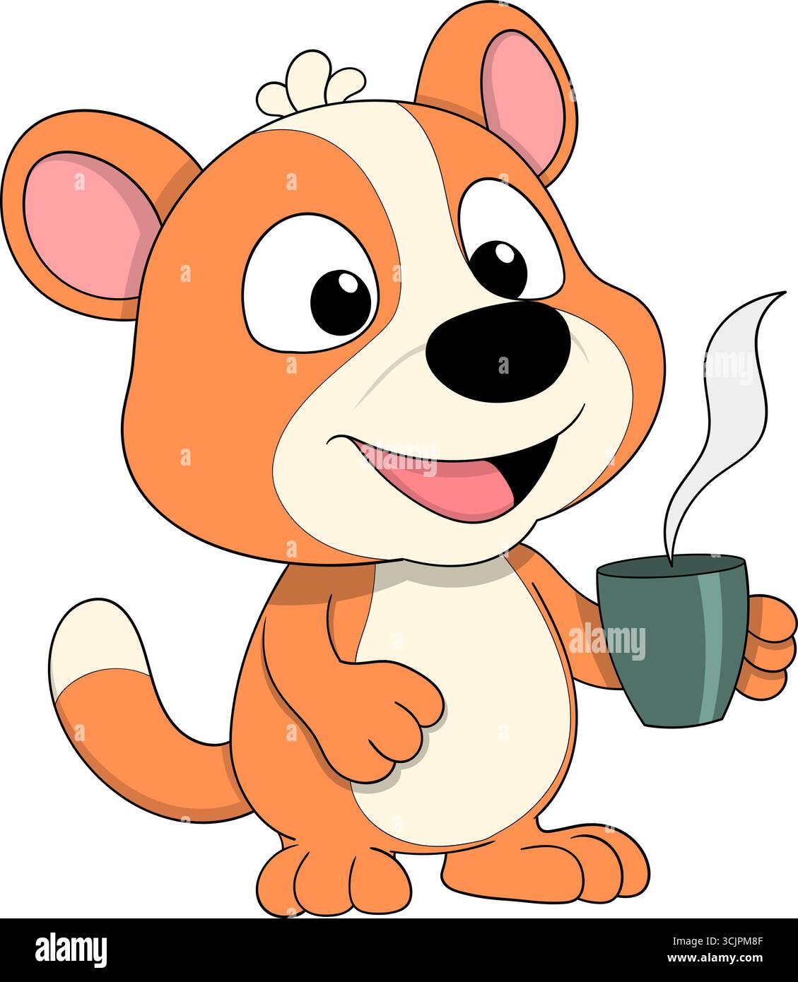 Illustration vectorielle d'un personnage animal de bande dessinée joyeux tenant une tasse de café à la vapeur Illustration de Vecteur