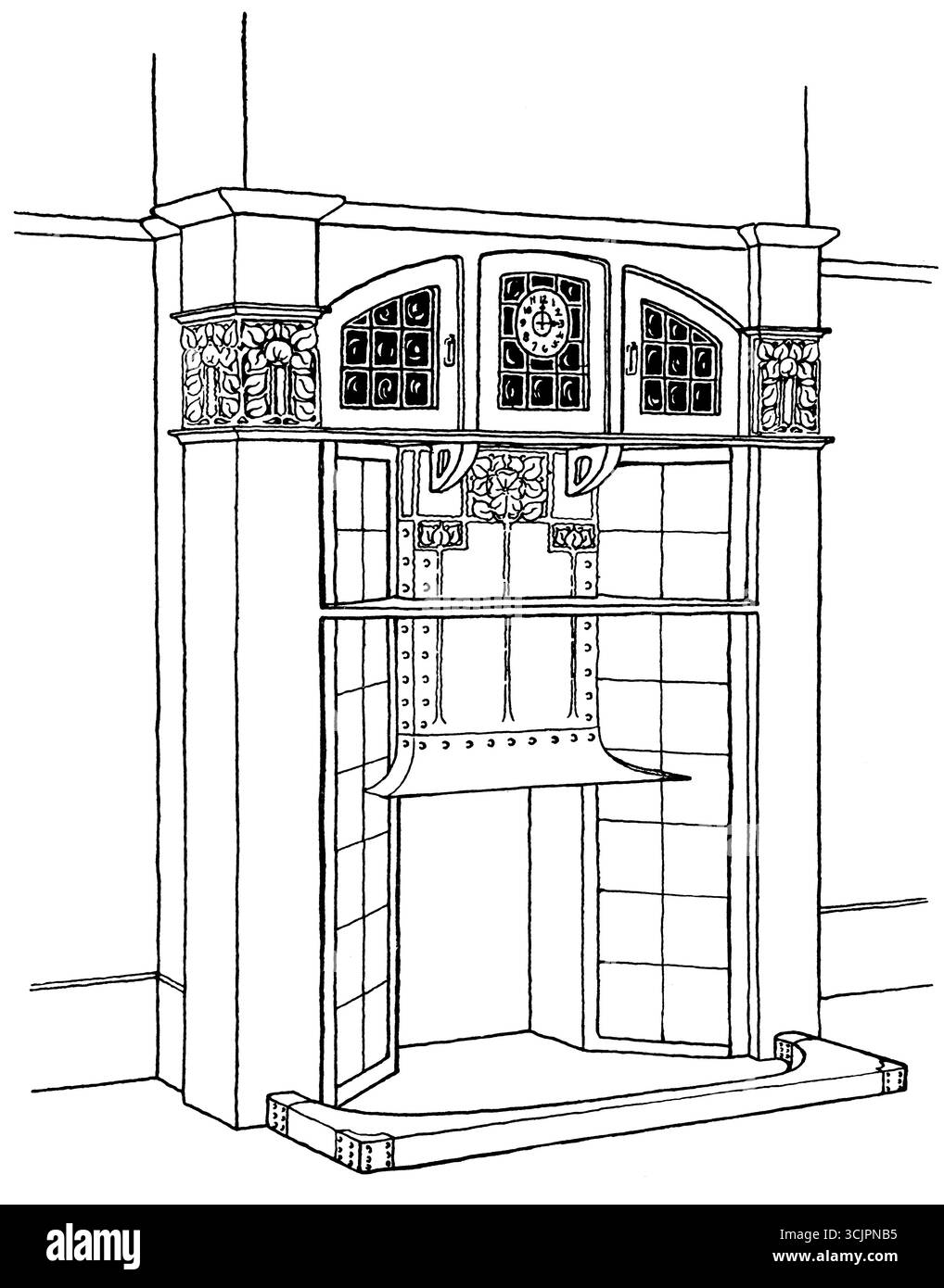 Design for Arts and Crafts feu en bois entouré par l'architecte anglais Bertram Ashworth Banque D'Images