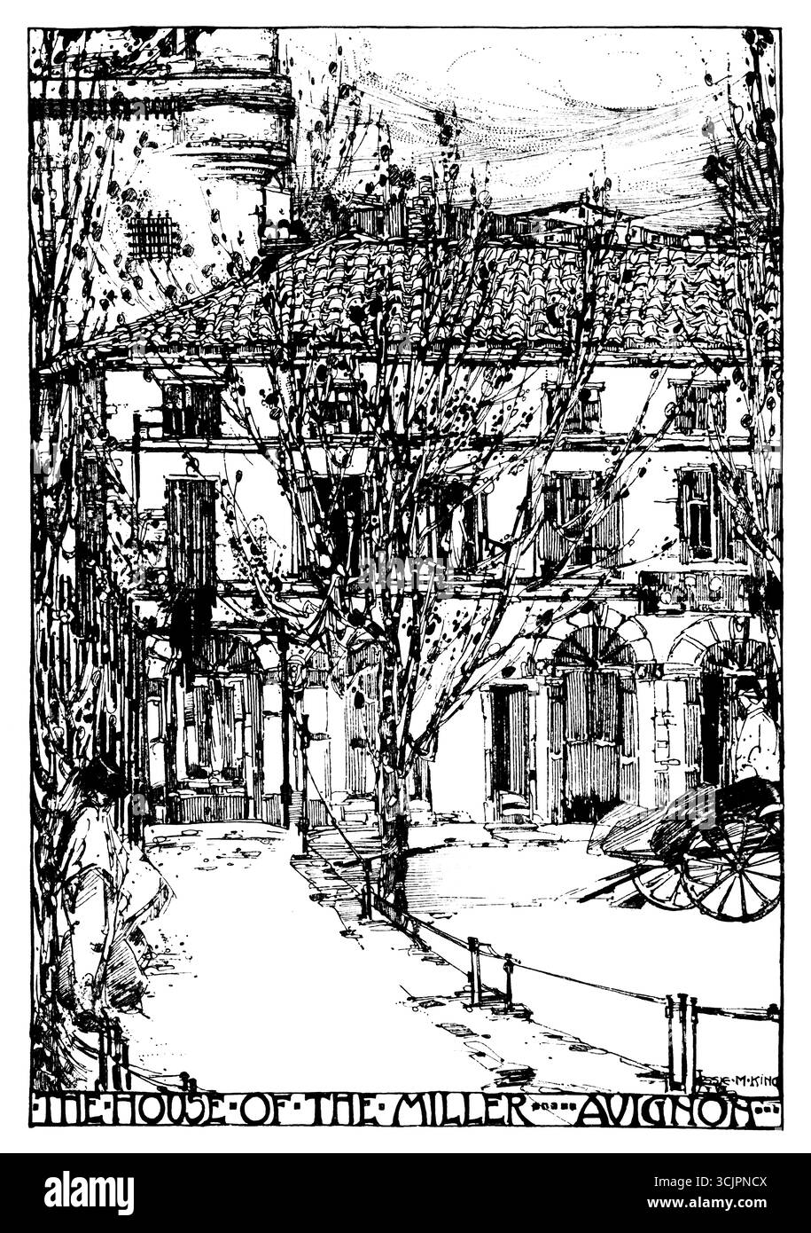 Maison du meunier, Avignon, France, illustration au trait dessinée par l'illustratrice écossaise Jessie Marion King Banque D'Images